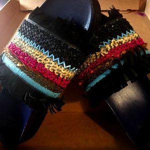 TORY BURCH Isle embellished beaded fringe Leather slides